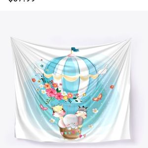 Zebra Giraffe Elephant in hot air balloon tapestry